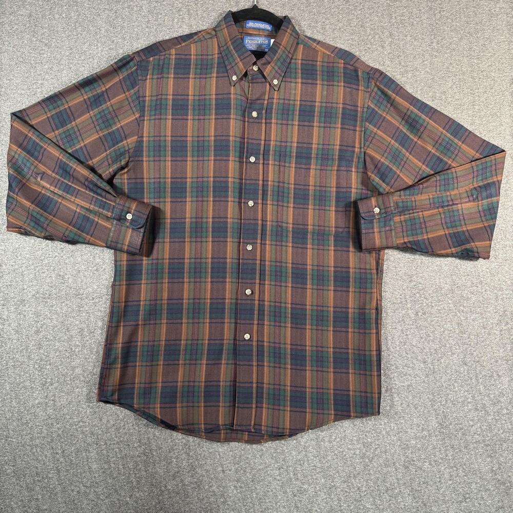 Sir Pendleton Shirt Mens Medium Brown Green Plaid Virgin Wool Button Down